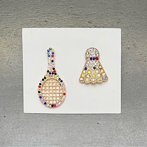 🎾Gold Badminton Racket Set with Multicolor Rhinestone Crystals 2” Earrings